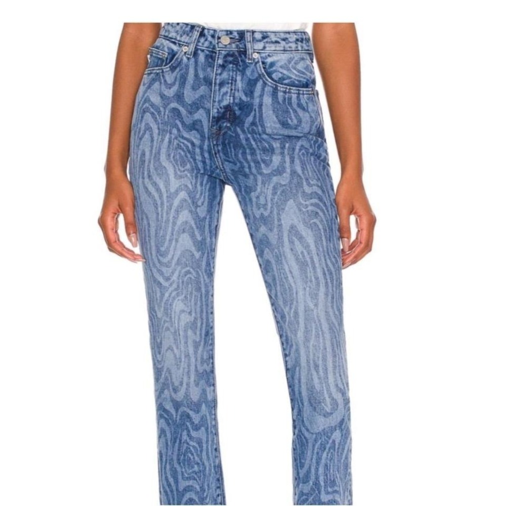 Lovers and Friends Reece High Rise Slim Straight Jeans Blue Swirl Print Sz 26